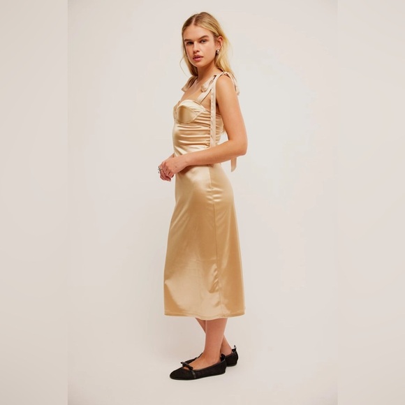 Free People Casino Got Glam Tie Strap Gold Satin Midi Dress - Picture 3 of 11